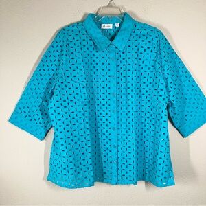 DENIM & CO Plus Size Eyelet Lace Blouse Button Up Shirt Boho Resort Vacation 2X